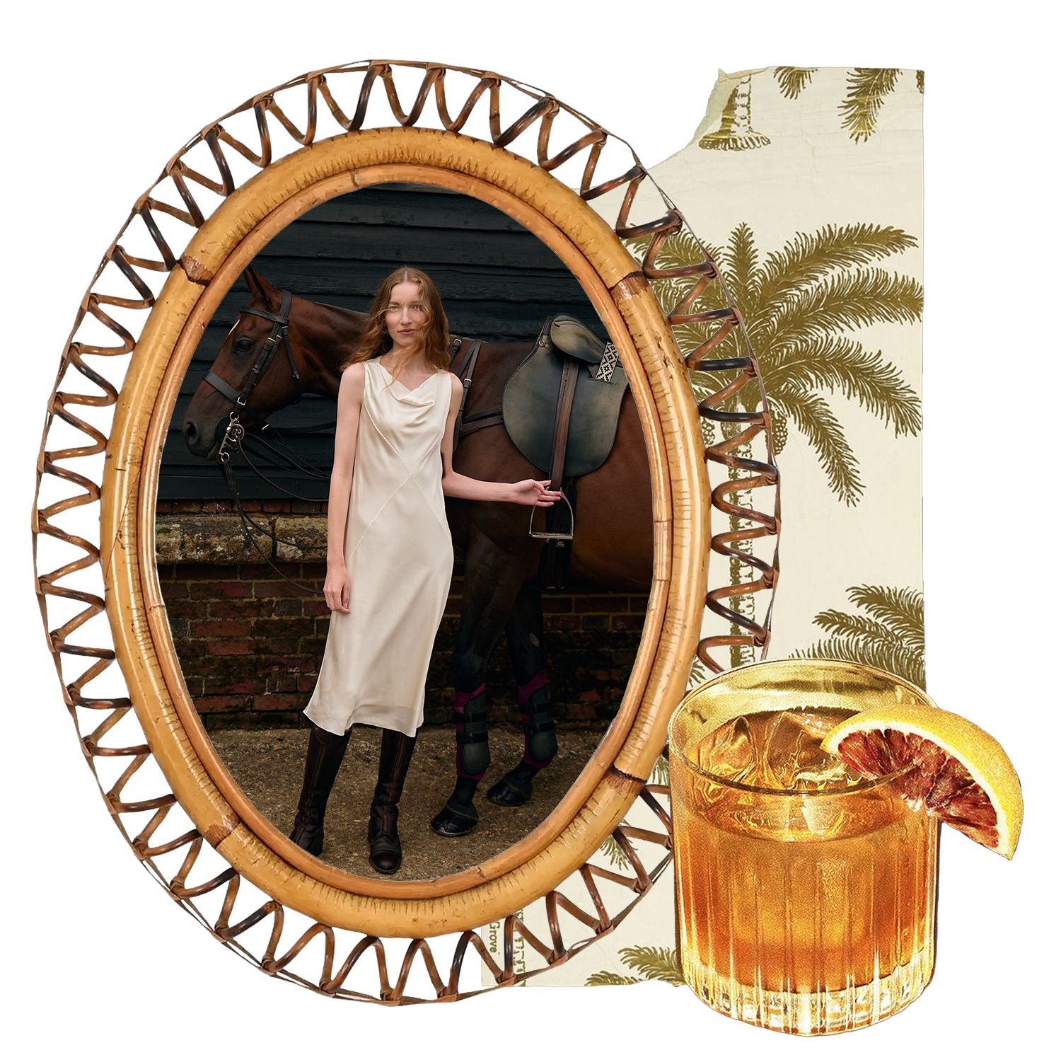 Fashion collage featuring a woman in an ivory slip dress and riding boots standing beside a horse, framed in woven rattan with palm wallpaper, and a vintage cocktail glass