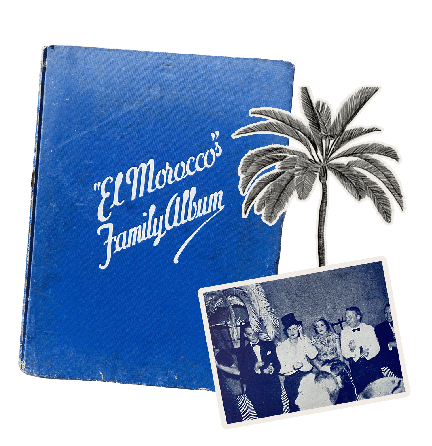 Vintage blue book titled ‘El Morocco’s Family Album’ styled with a black-and-white palm tree illustration and an old photograph of glamorous partygoers in tuxedos and evening gowns — evoking 1930s Palm Beach nightlife.