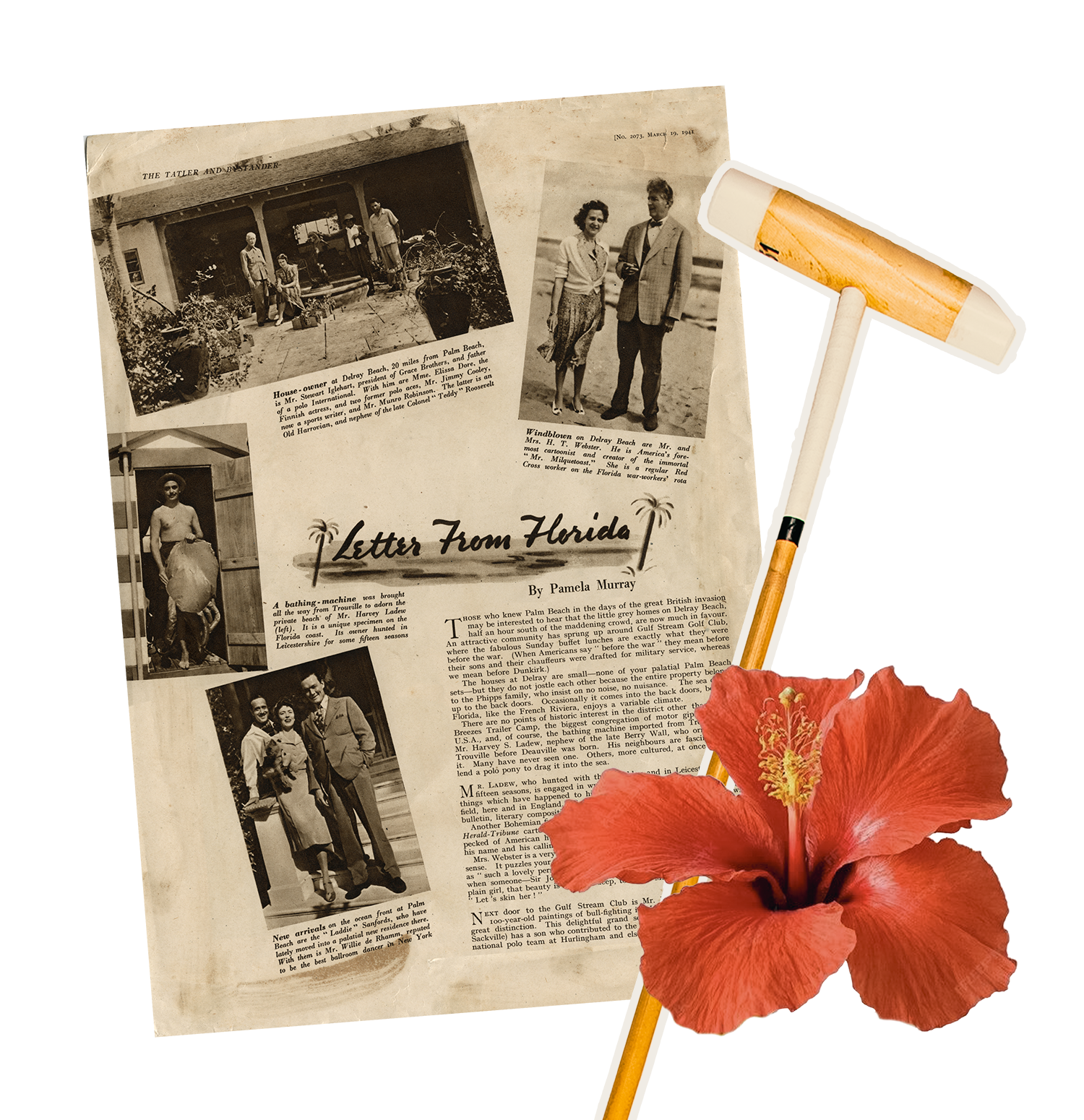 Collage of an old magazine page titled ‘Letter From Florida’ with sepia photographs of stylish couples, a wooden polo mallet, and a red hibiscus flower.